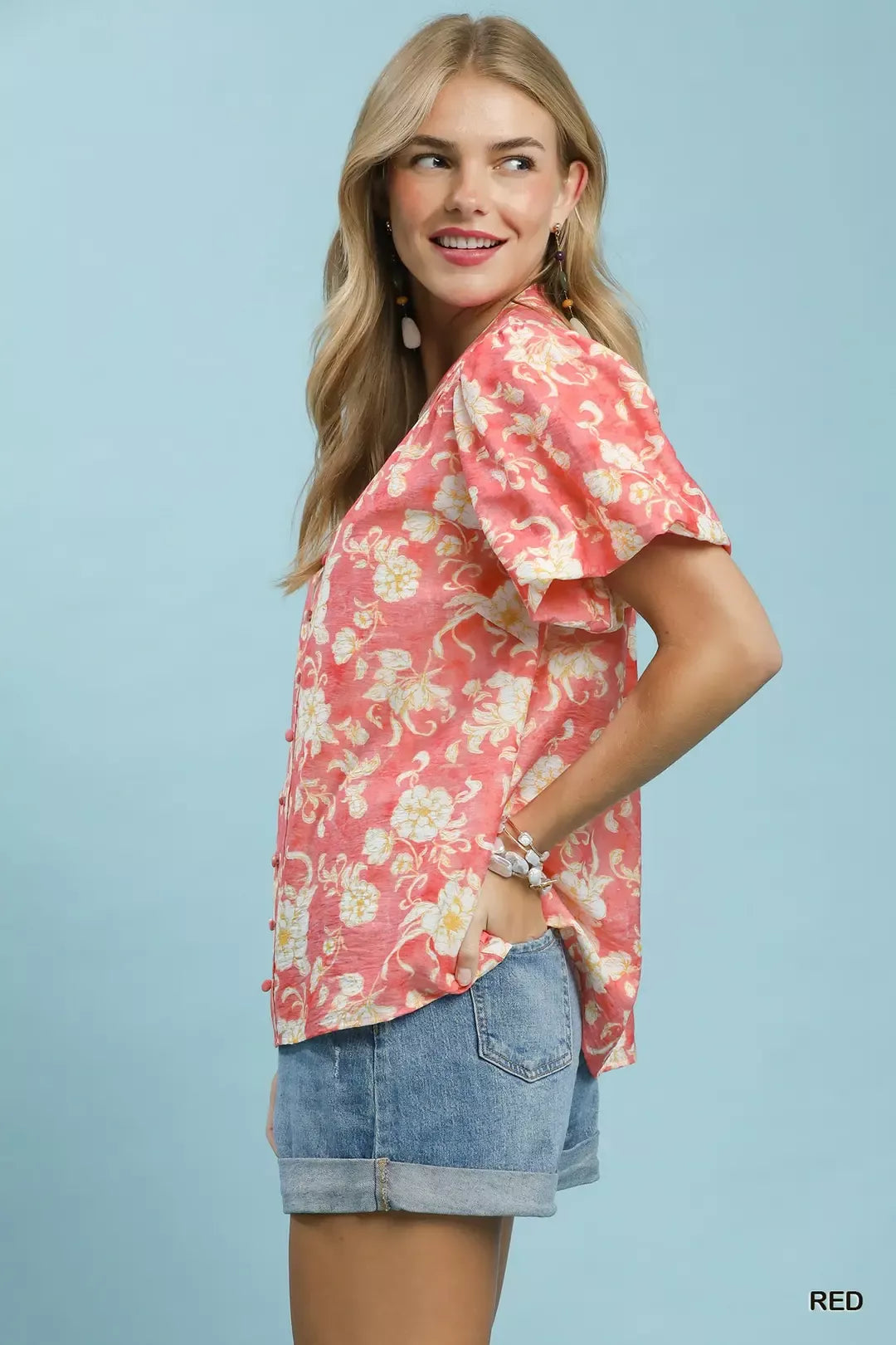 Umgee Floral Button-Front Short Sleeve Shirt - Glamourous Grace