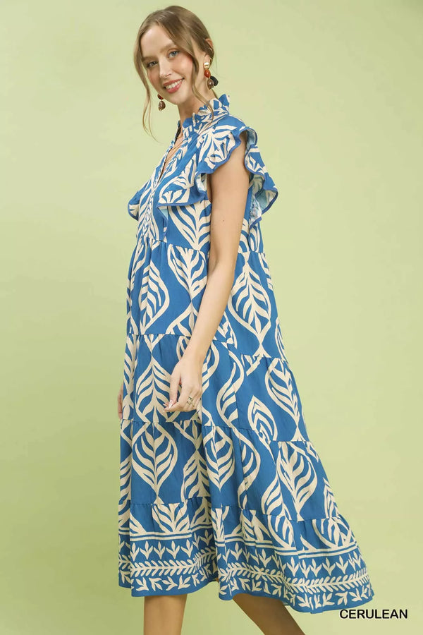 Umgee Leaf Print Tiered Midi Dress with Pockets - Glamourous Grace