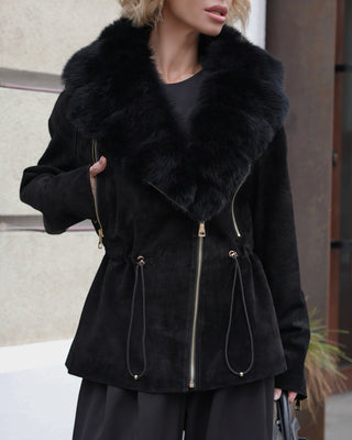 Vivienne Genuine Suede Polar Fox Trim Coat in Black