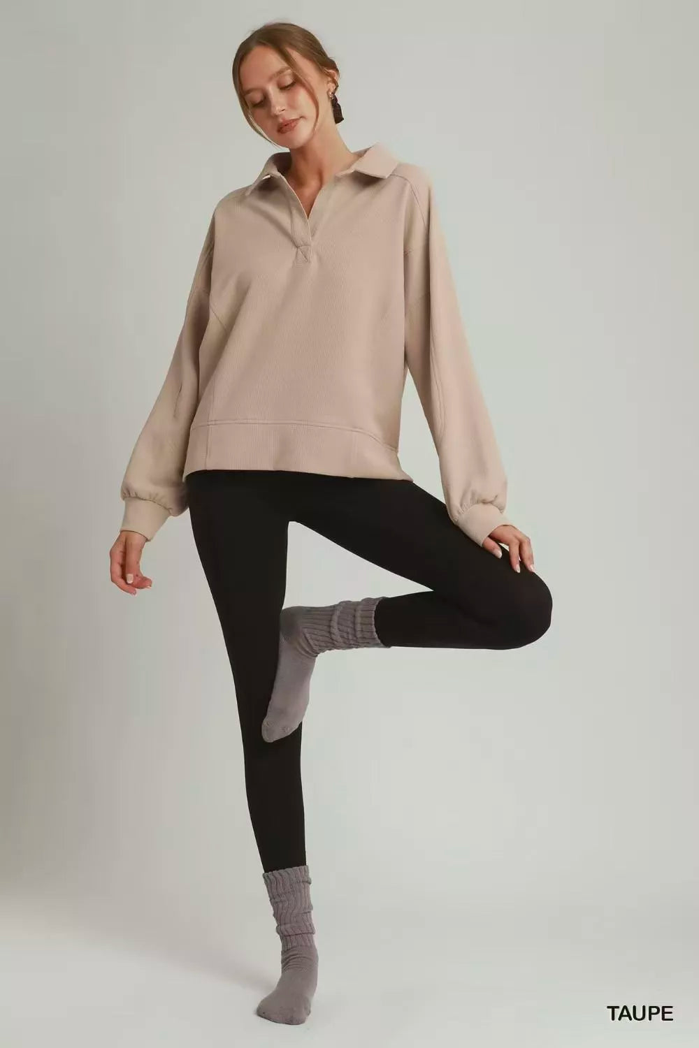 Umgee Brushed Waffle Polo Collared Pullover - Glamourous Grace