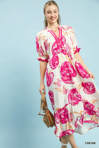 Umgee Floral Print Midi Dress with Contrast Trim - Glamourous Grace