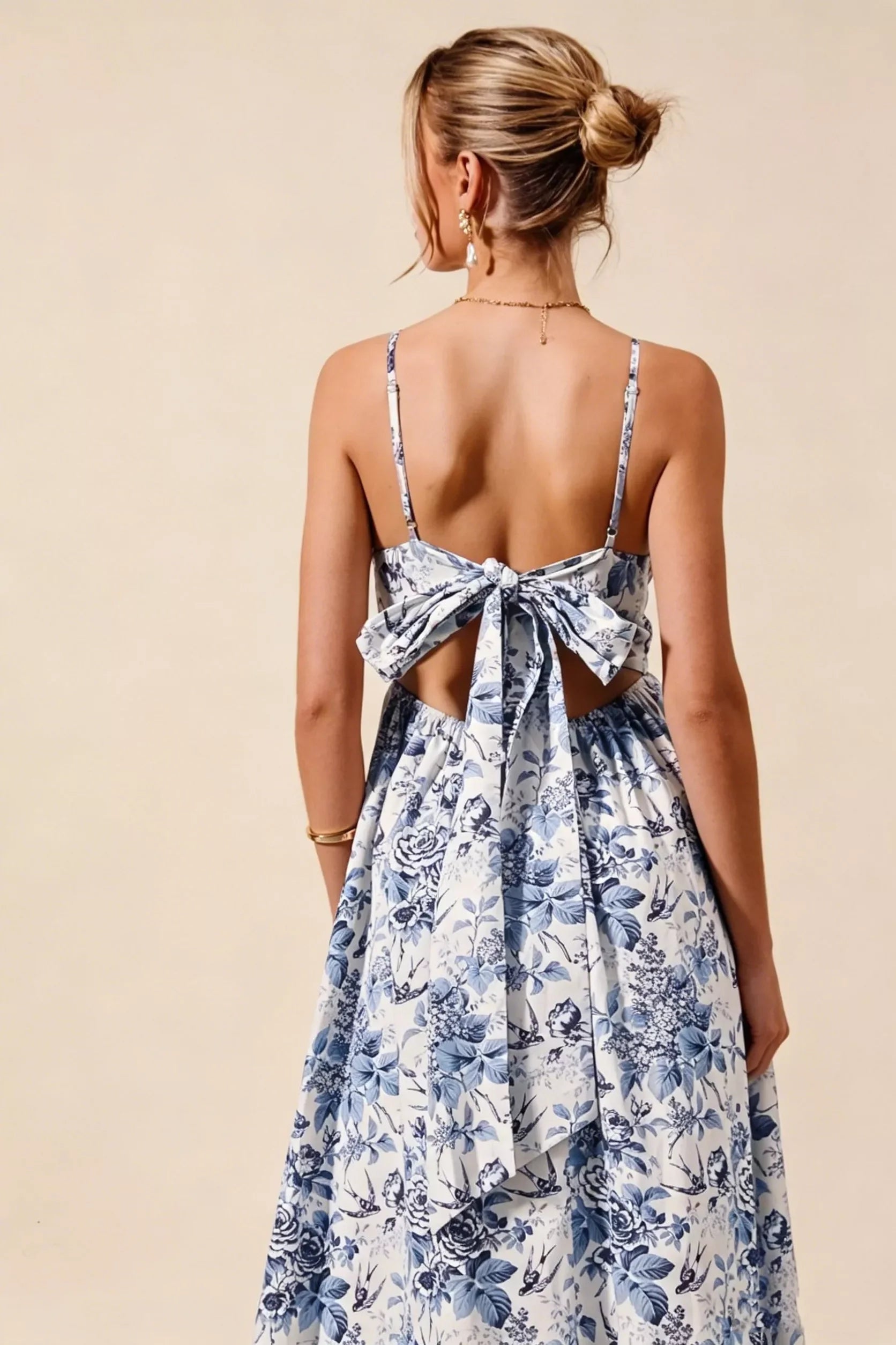 SO ME Floral Woven V Neck Dress With Back Ribbon Tie - Glamourous Grace