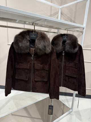 Nebraska Genuine Suede Polar Fox Trim Jacket in Cognac