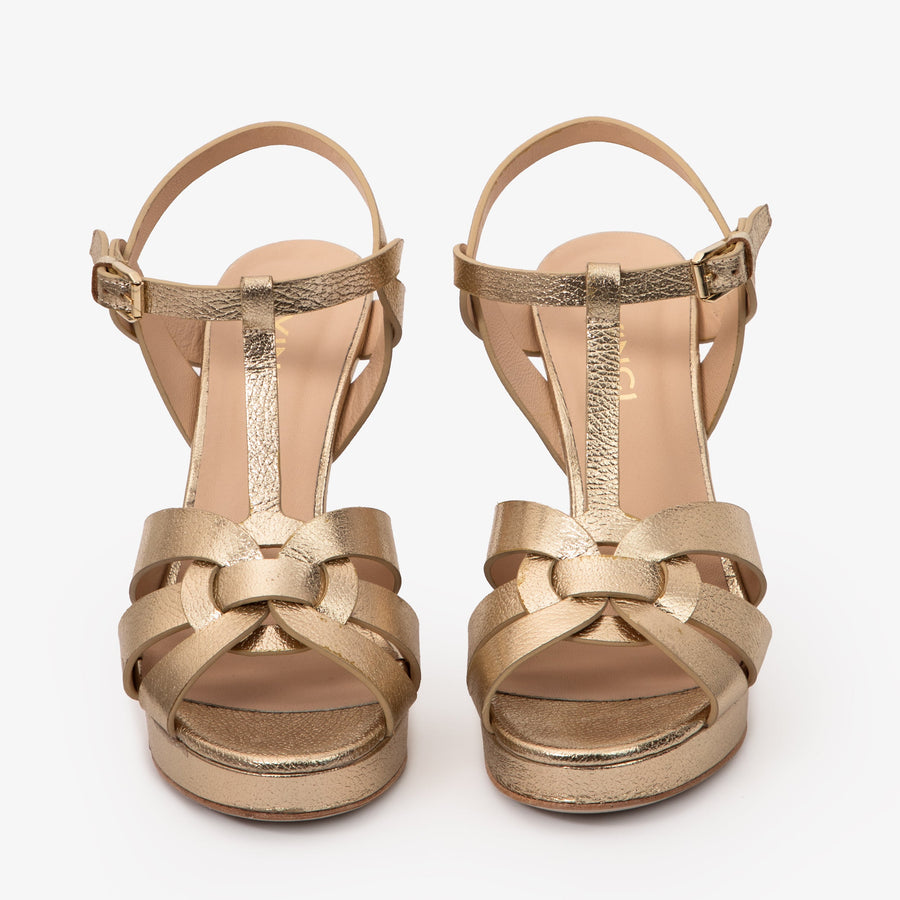 The Parisian Gold Leather T-Strap Platform Heel Women Sandal - Glamourous Grace