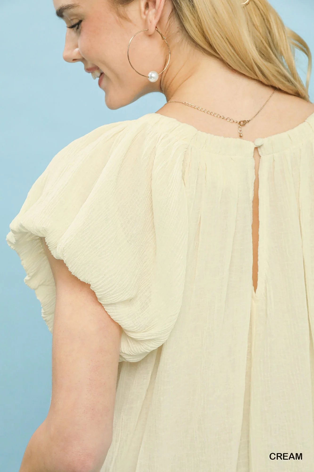 Umgee Crinkle Flutter Sleeve Peasant Top in Cream - Glamourous Grace