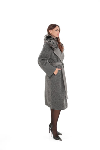 Boston Genuine Silver Fox Cashmere Blend Double-Face Coat in Grey Melange