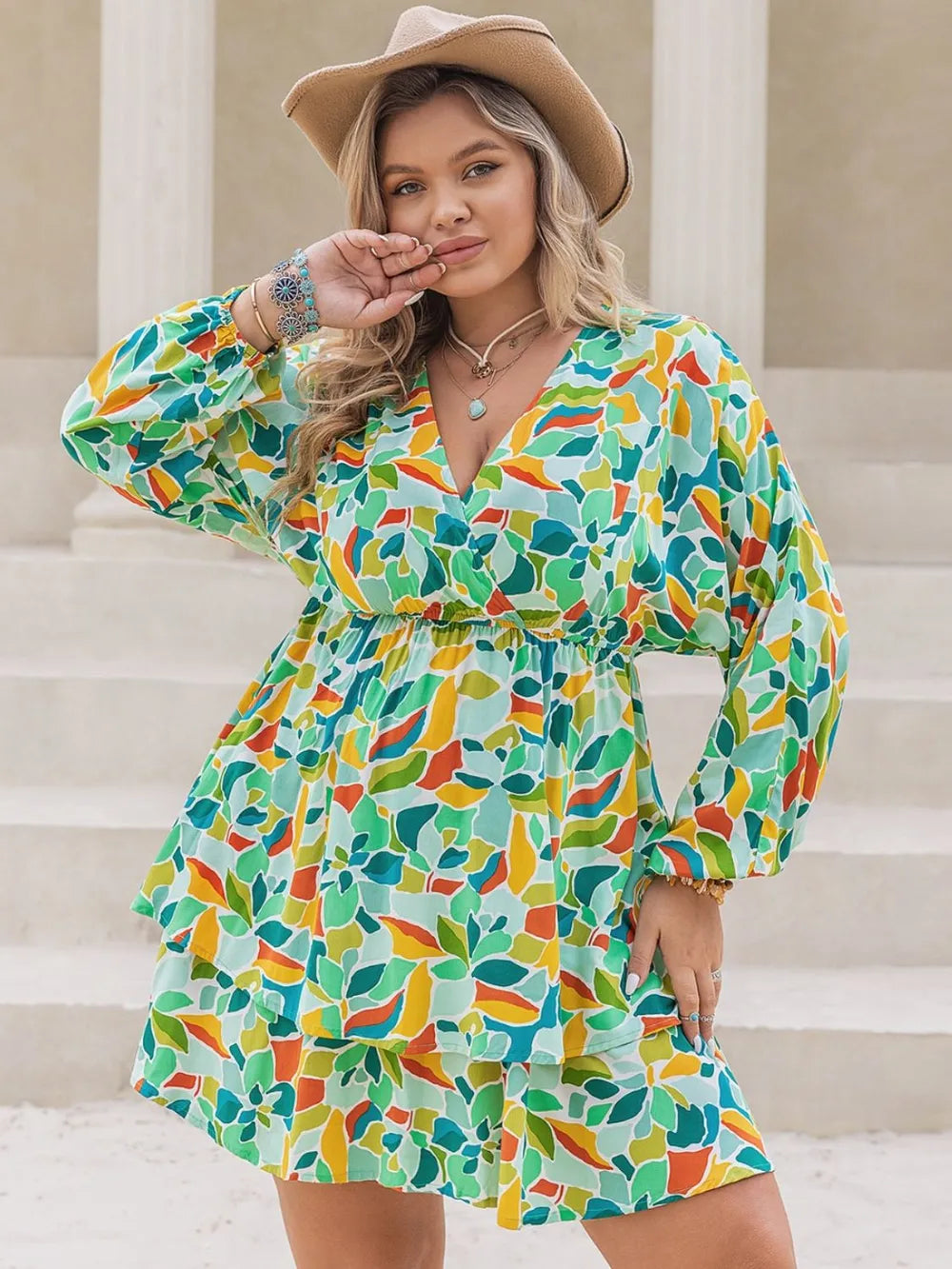 Plus Size Printed Surplice Long Sleeve Mini Dress - Glamourous Grace