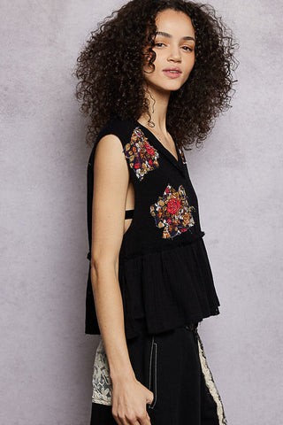 POL Floral Patch Ruffled Sleeveless Top with Raw Edge Detail - Glamourous Grace