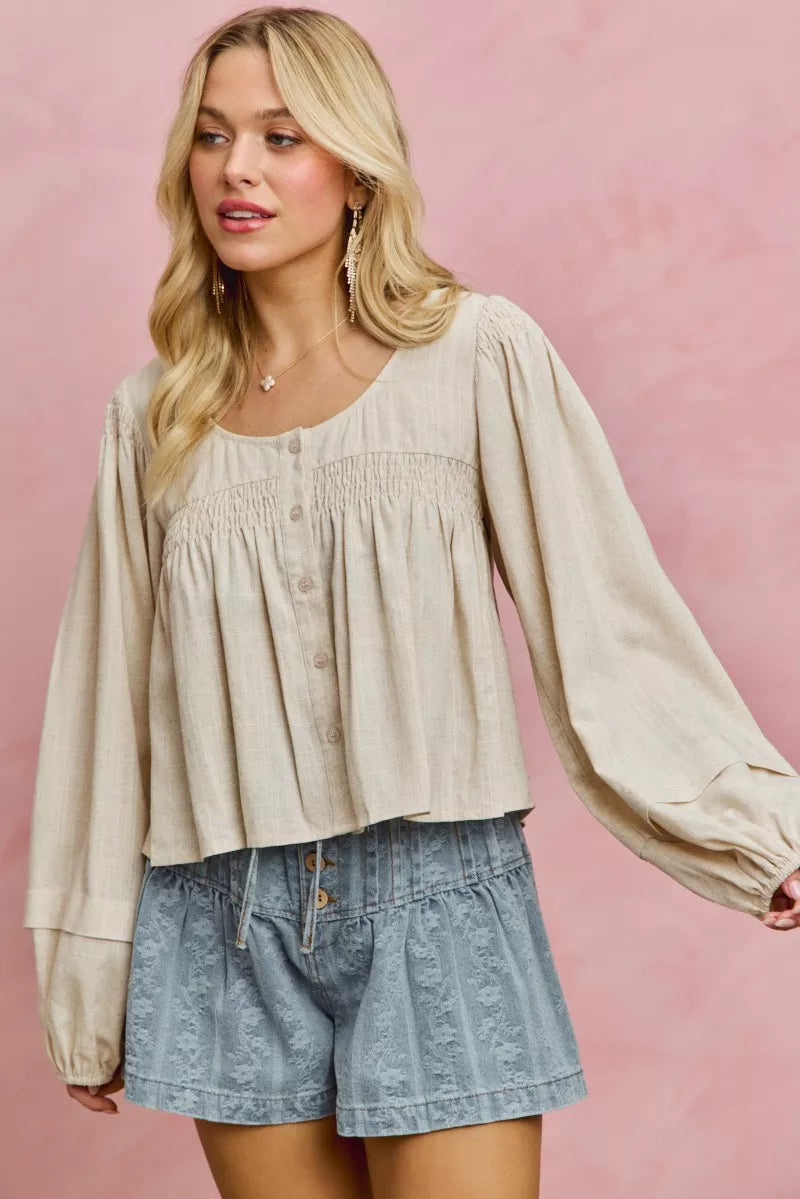 SO ME Linen Blend Woven Long Sleeve With Smocking Top - Glamourous Grace