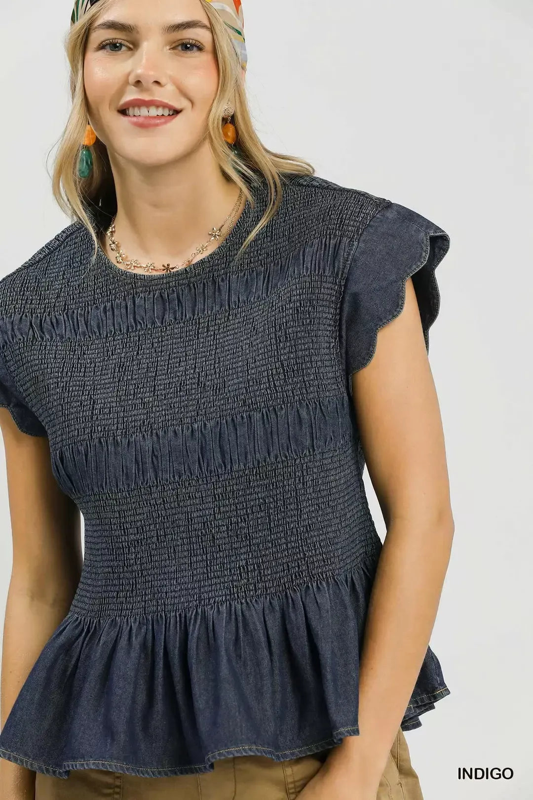 Umgee Smocked Peplum Top with Scalloped Ruffle Cap Sleeves - Glamourous Grace