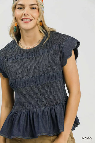 Umgee Smocked Peplum Top with Scalloped Ruffle Cap Sleeves - Glamourous Grace