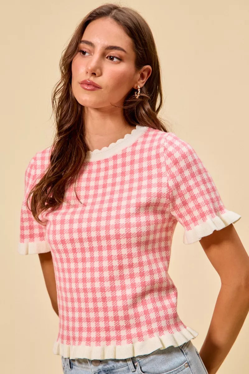 SO ME Gingham Knit Ruffled Short Sleeves Sweater Top - Glamourous Grace