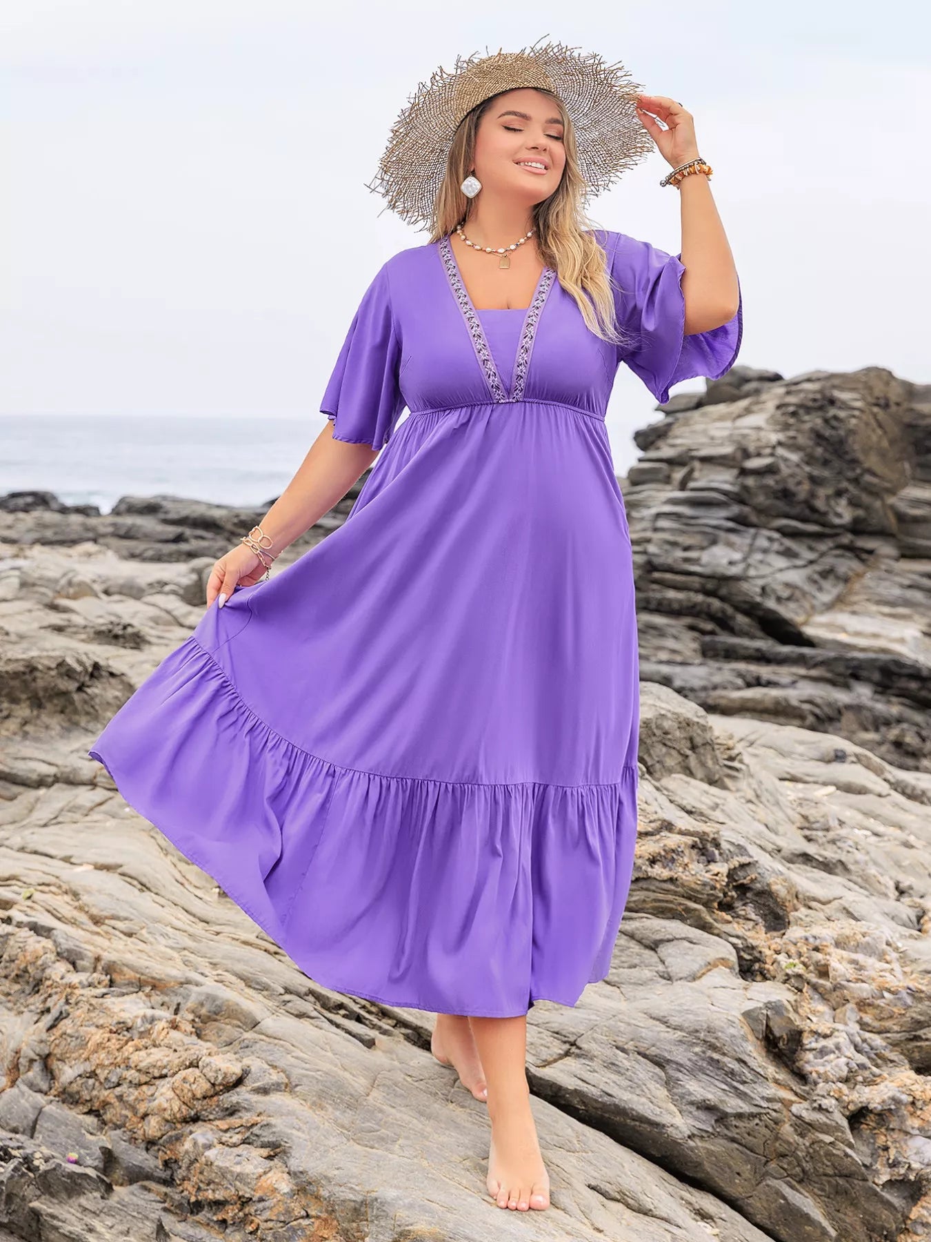 Plus Size Flutter Sleeve Tiered Maxi Dress - Glamourous Grace