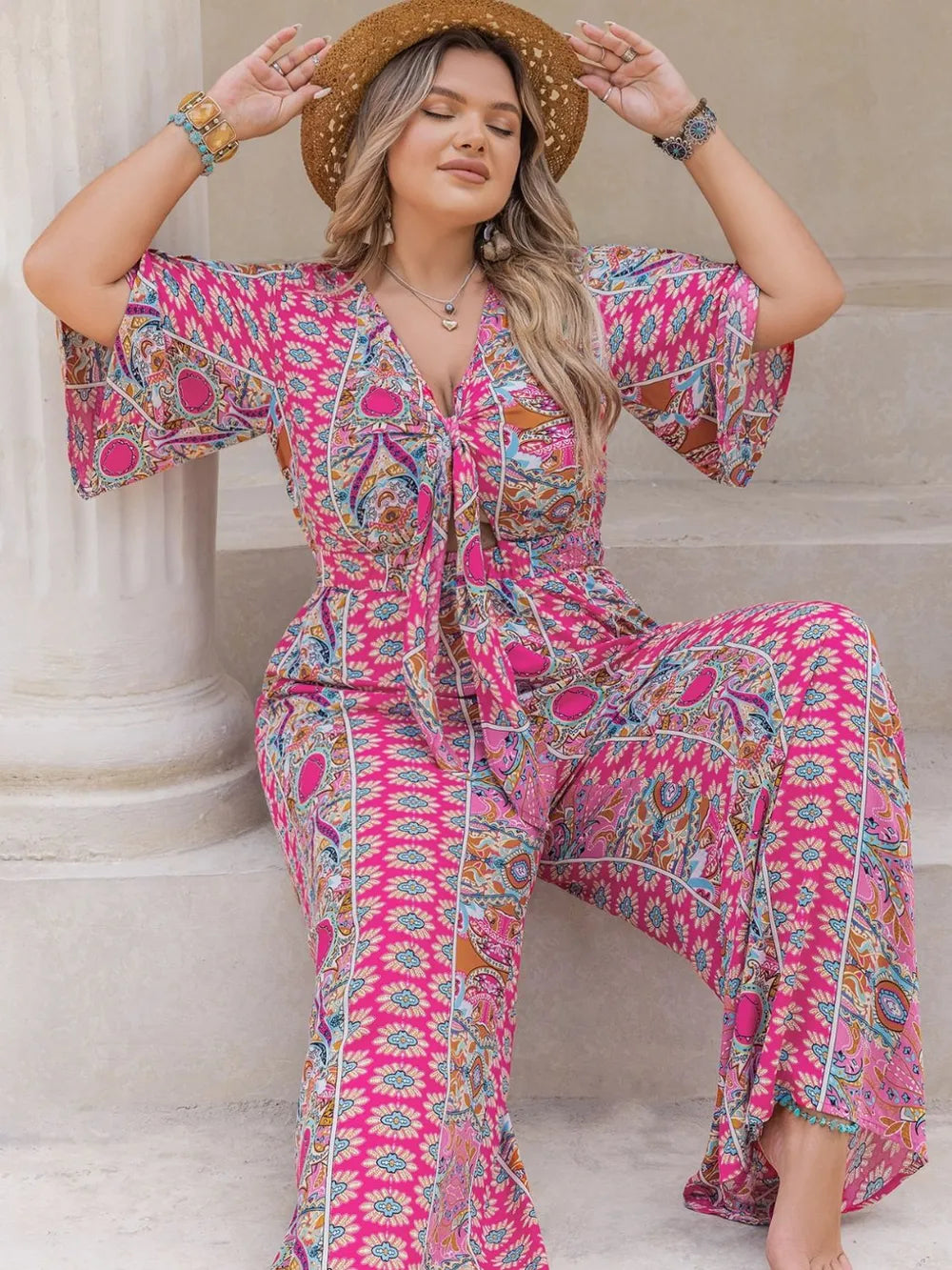 Plus Size Printed Half Sleeve Wide Leg Jumpsuit - Glamourous Grace