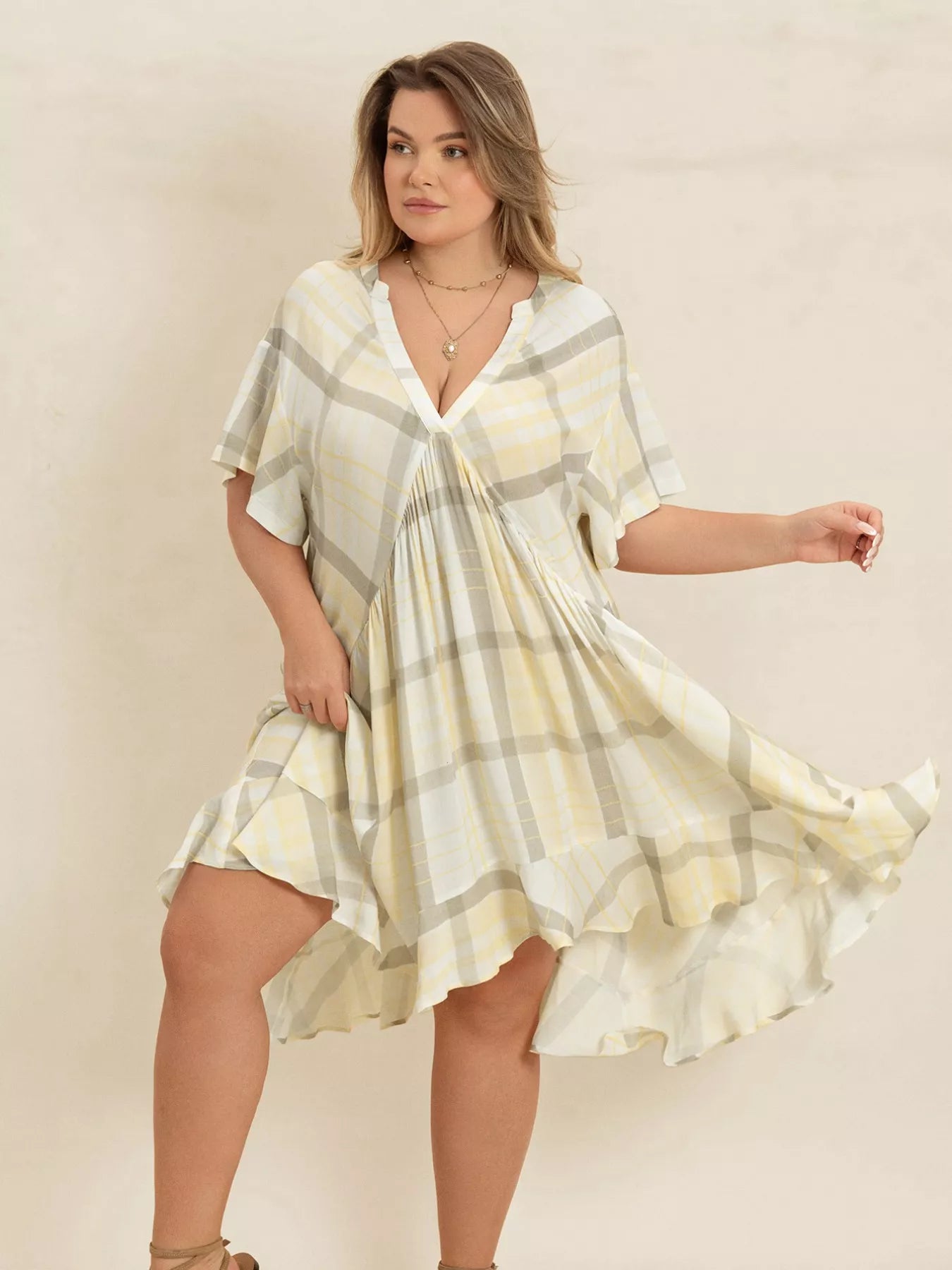 Plus Size Plaid Flutter Sleeve Dress - Glamourous Grace