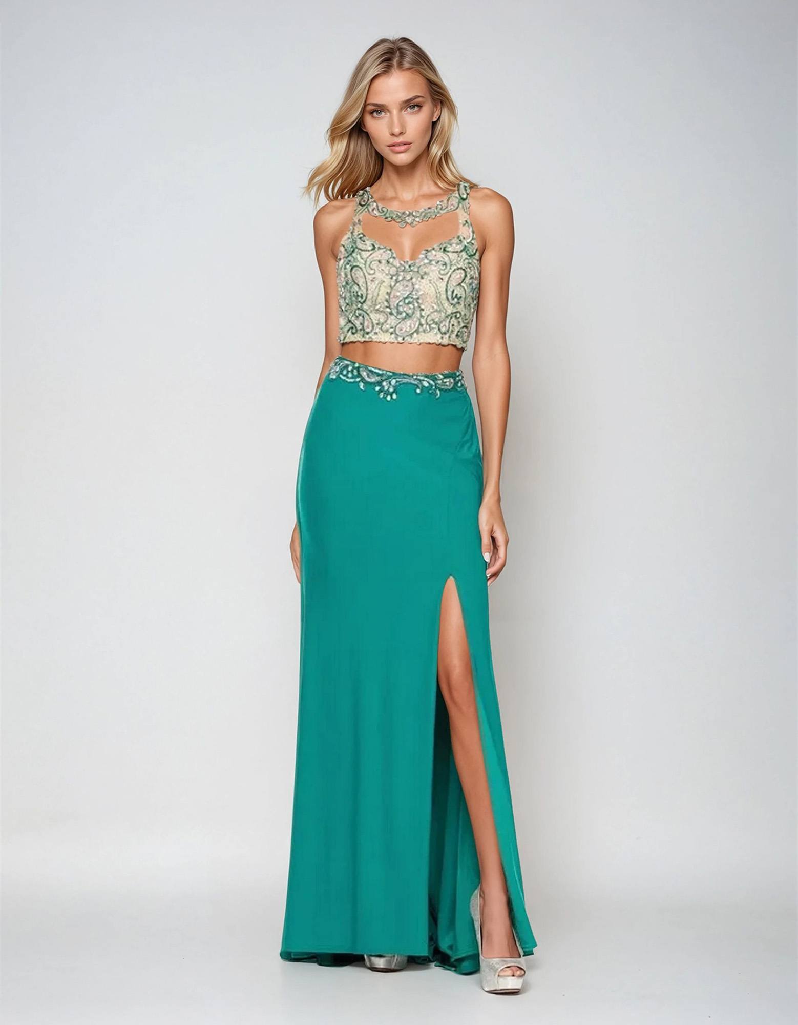 Juliet 595 Sexy Front Slit 2-Piece Dress Beads Illusion Neck - Glamourous Grace