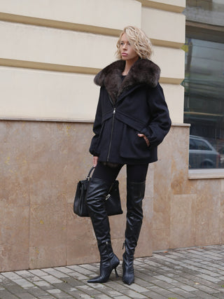 Rimini Genuine Fur Trim Wool Blend Parka in Black