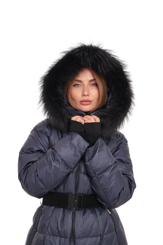 Cyrus Genuine Fur Trim Down Fill Coat in Navy