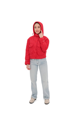 Studded Light Demi-Season Hooded Cropped Jacket in Red