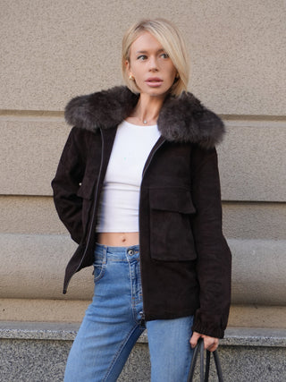 Nebraska Genuine Suede Polar Fox Trim Jacket in Cognac