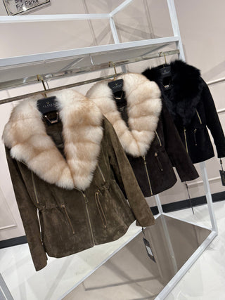 Vivienne Genuine Suede Polar Fox Trim Coat in Cognac