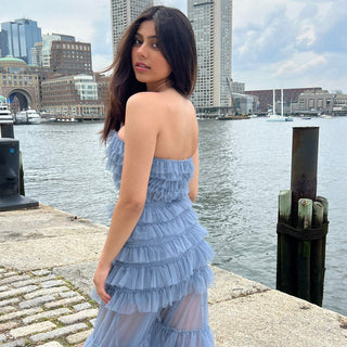 Georgia Maxi Dress - Smoky Blue - Ruffle Tulle Dress With Sheer Detail - Glamourous Grace