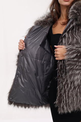 Reversible Genuine Silver Fox  Down Fill Coat in Grey