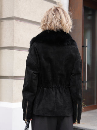 Vivienne Genuine Suede Polar Fox Trim Coat in Black