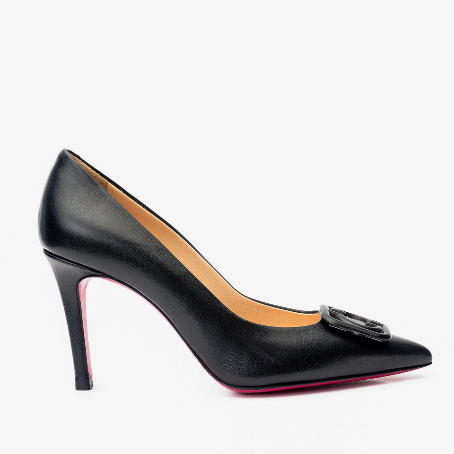 The Maneadero Black Leather Pump Fuchsia Sole Women Shoe - Glamourous Grace