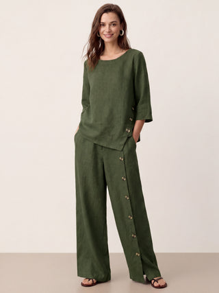 LINTICO 100% linen buttoned slit-hem pants in natural beige, featuring a relaxed fit and casual style for warm weather.