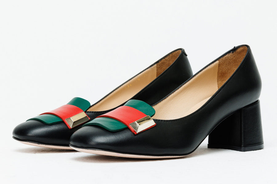 The Olney Black Leather Block Heel Pump Women Shoe - Glamourous Grace
