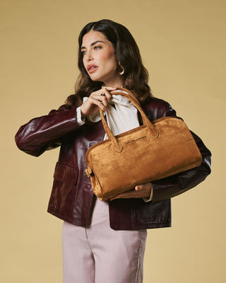 Chiara (cognac) - Italian calf suede women's handbag (with shoulder strap) - Glamourous Grace