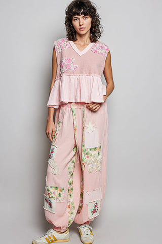 POL Floral Patch Ruffled Sleeveless Top with Raw Edge Detail in Pink - Glamourous Grace