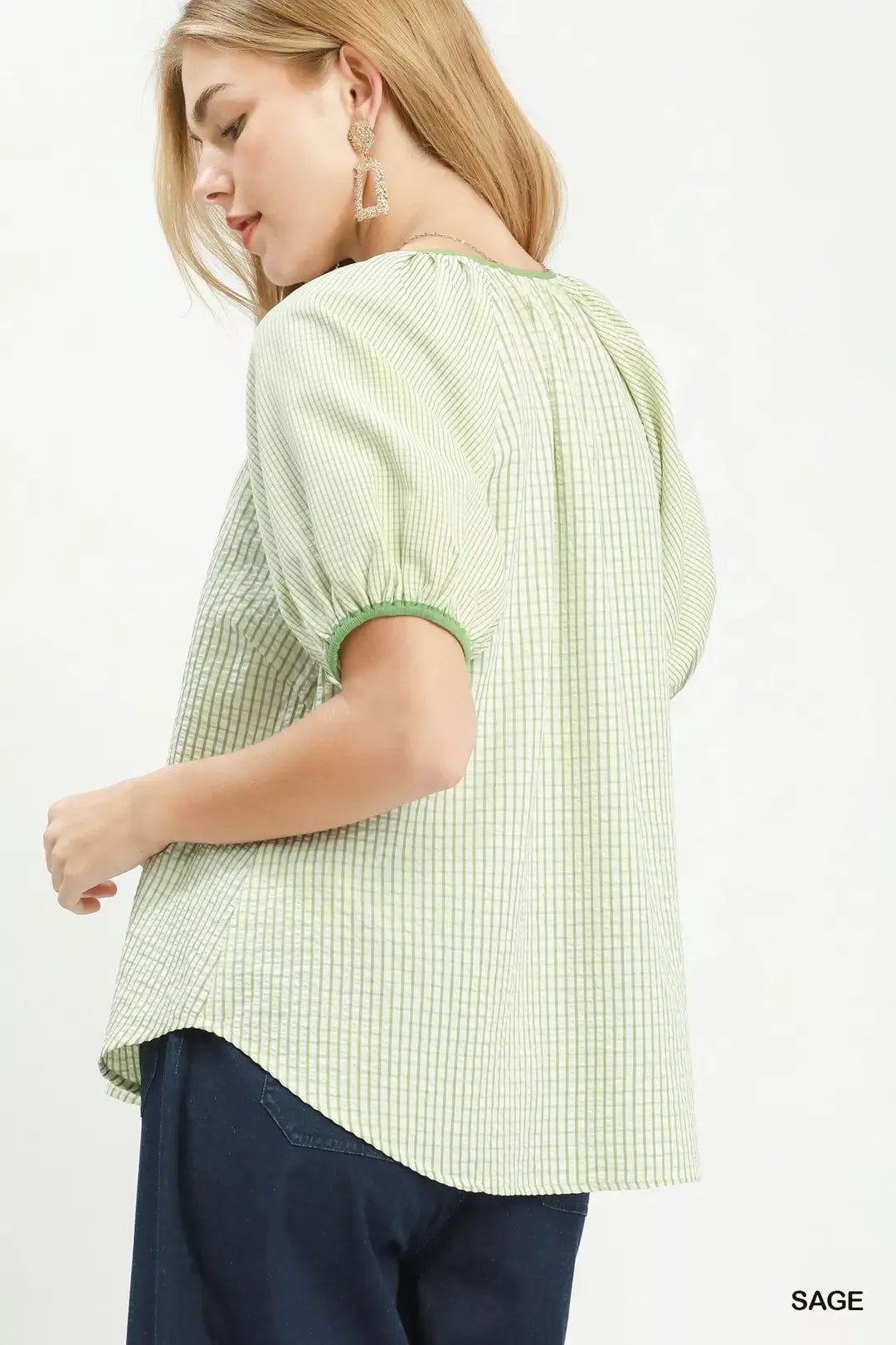 Umgee Checker Puff Sleeve Button Front Blouse - Glamourous Grace