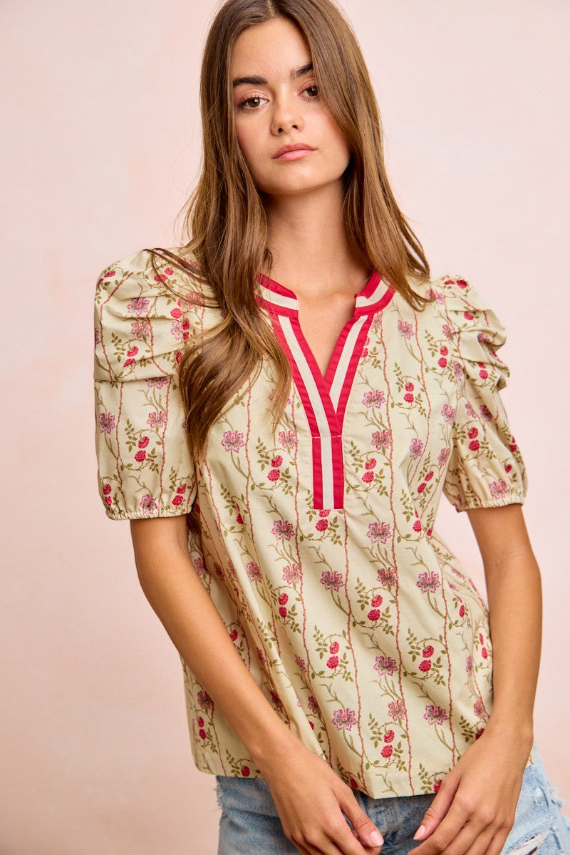 BiBi Floral Gather Sleeves Contrast Neckband Blouse Top - Glamourous Grace