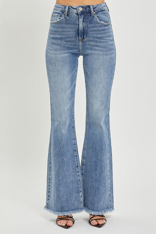 RISEN High Waist Raw Hem Flared Leg Blue Denim Jeans