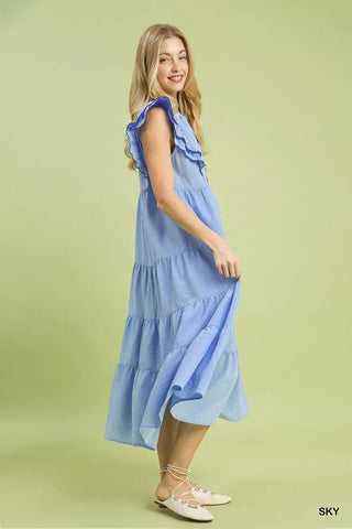 Umgee Seersucker Ruffle Sleeve Tiered Midi Dress - Glamourous Grace