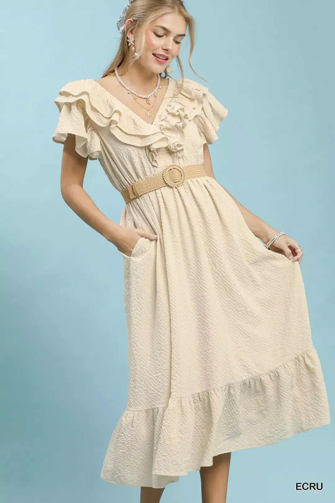 Umgee Textured Ruffle Midi Dress in Ecru - Glamourous Grace