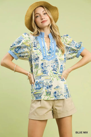 Umgee Abstract Print V-Neck Top in Blue Mix - Glamourous Grace