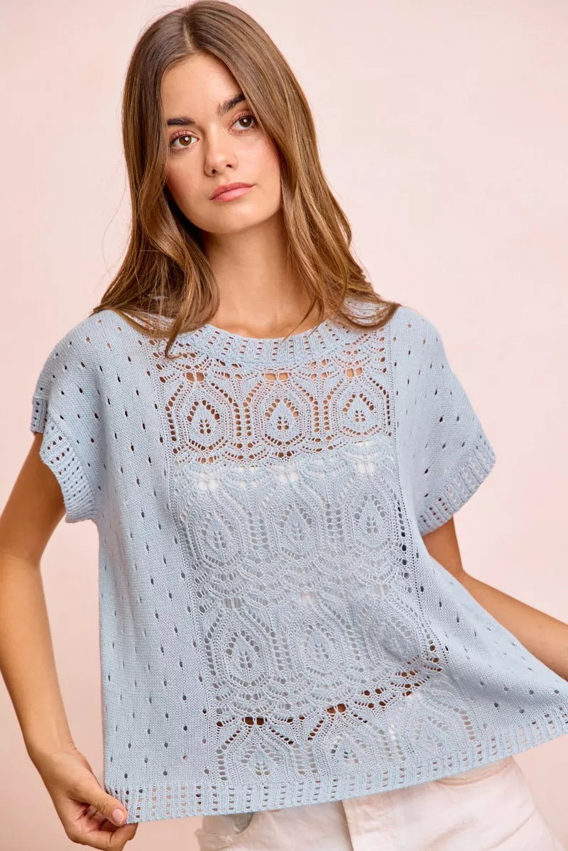 BiBi Washed Eyelet Short Sleeve Breathable Knit Top - Glamourous Grace