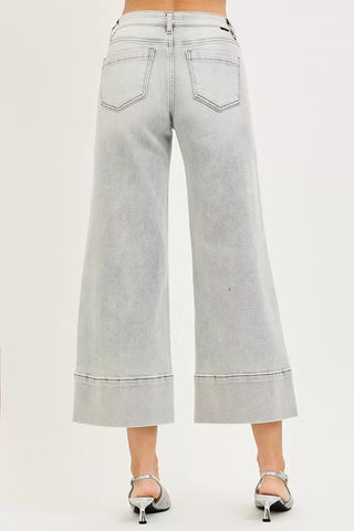RISEN Tummy Control Mid Rise Crop Wide Pintuck Front Jeans