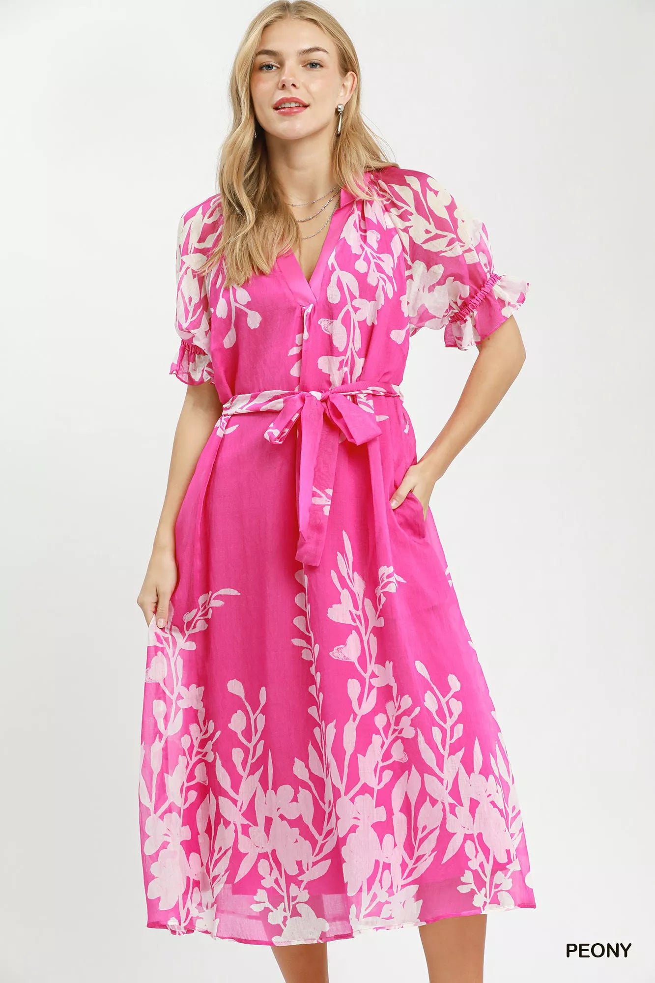 Umgee Floral Print Tie Waist Midi Dress with Side Pockets - Glamourous Grace