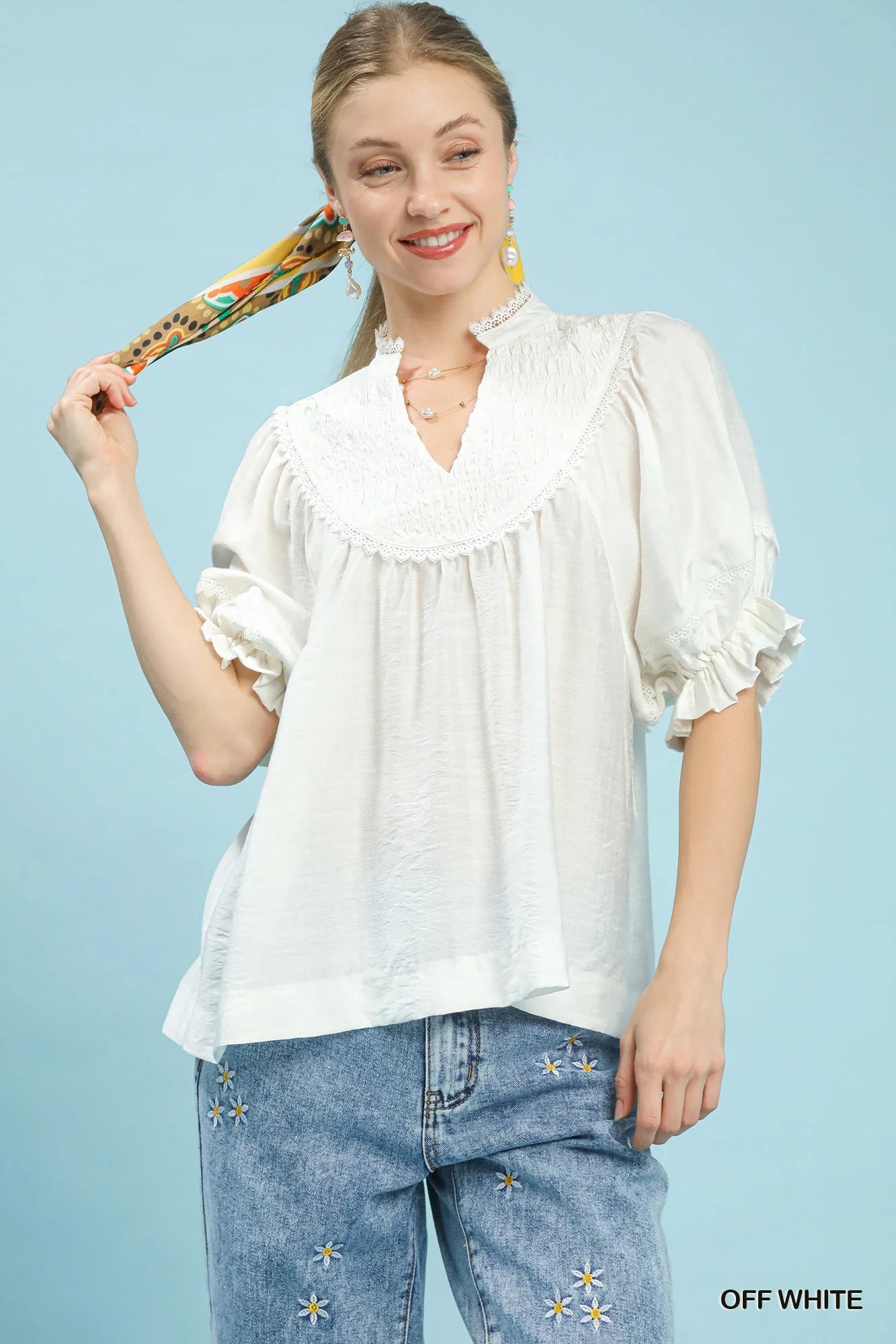 Umgee Smocked Yoke Blouse with Ruffle Sleeves in Off White - Glamourous Grace