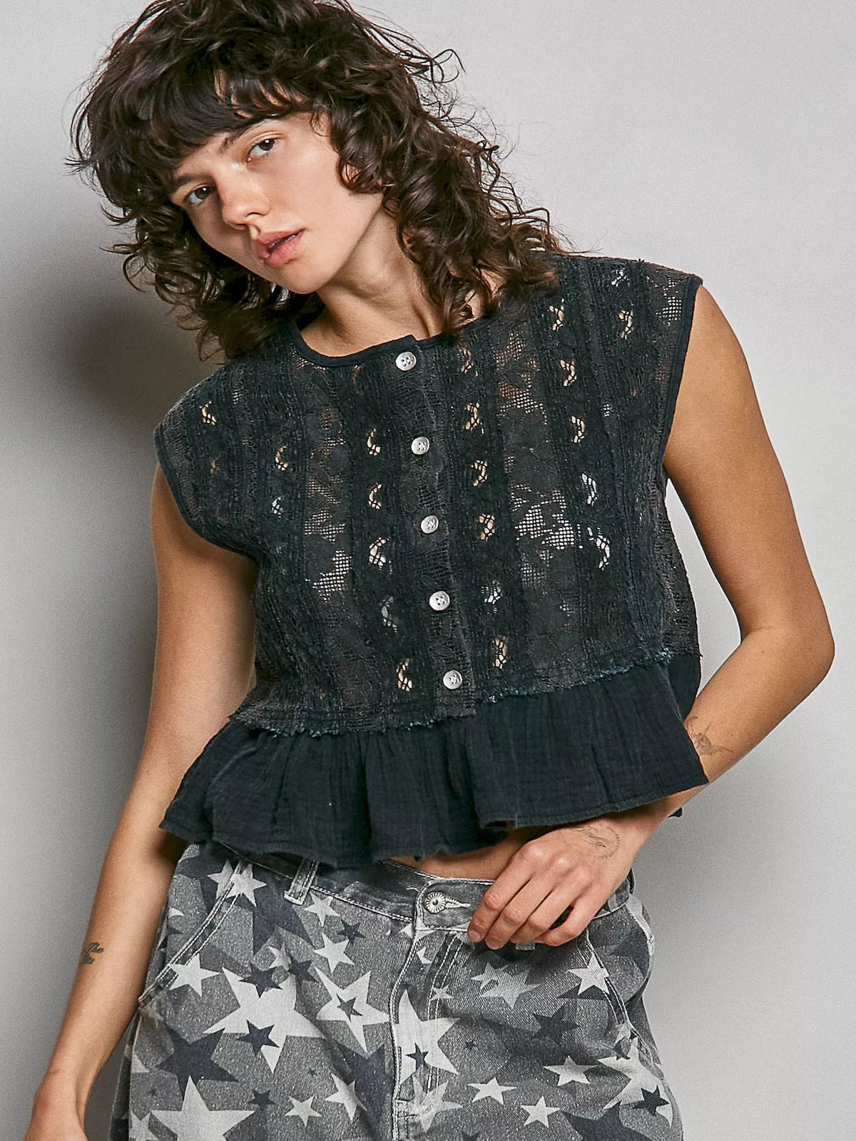 POL Round Neck Lace Sleeveless Top with Double Gauze Ruffle - Glamourous Grace