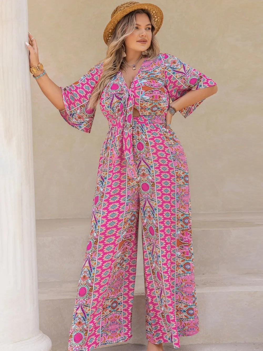 Plus Size Printed Half Sleeve Wide Leg Jumpsuit - Glamourous Grace