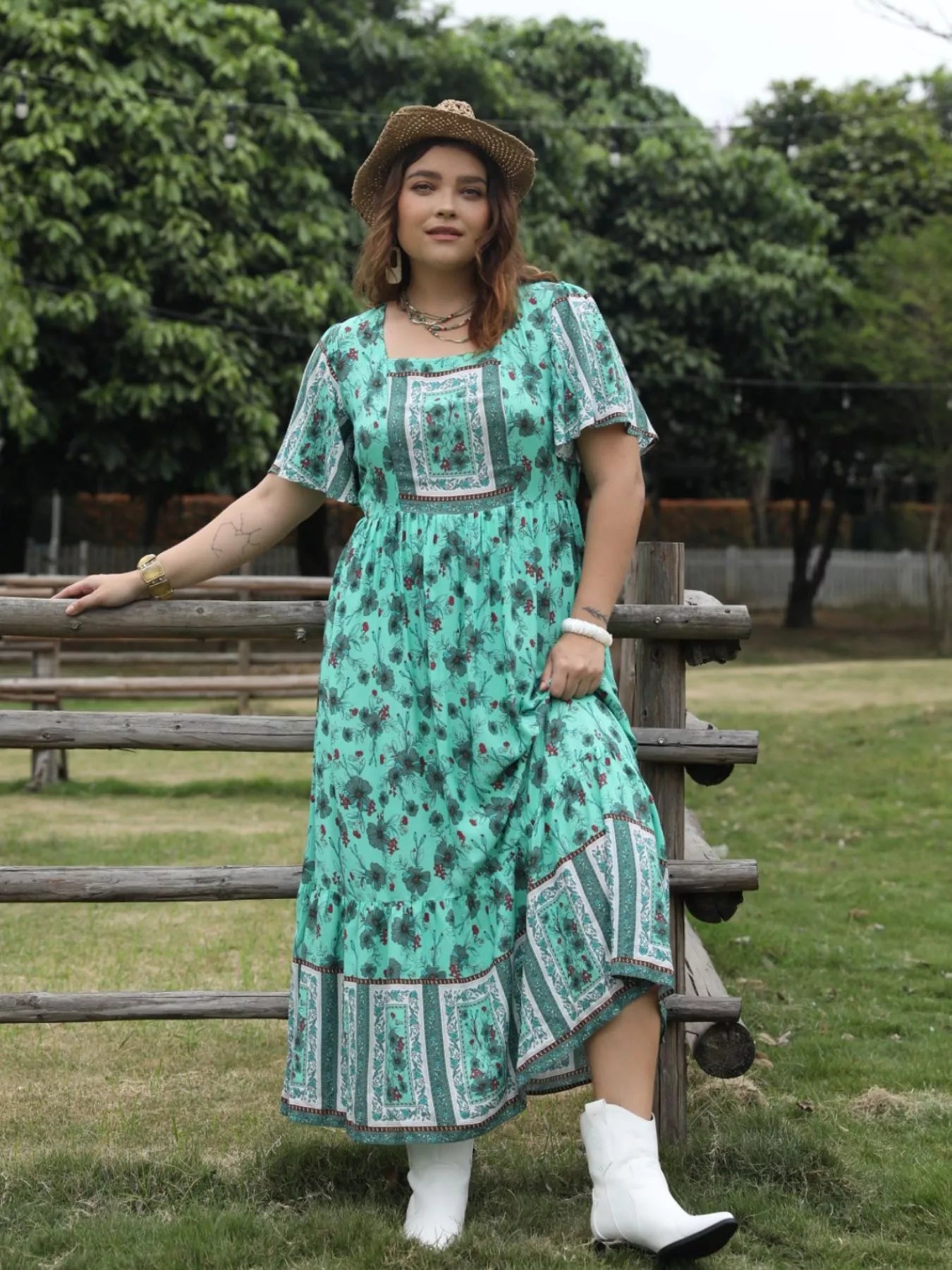 Plus Size Floral Print Square Neck Maxi Dress - Glamourous Grace