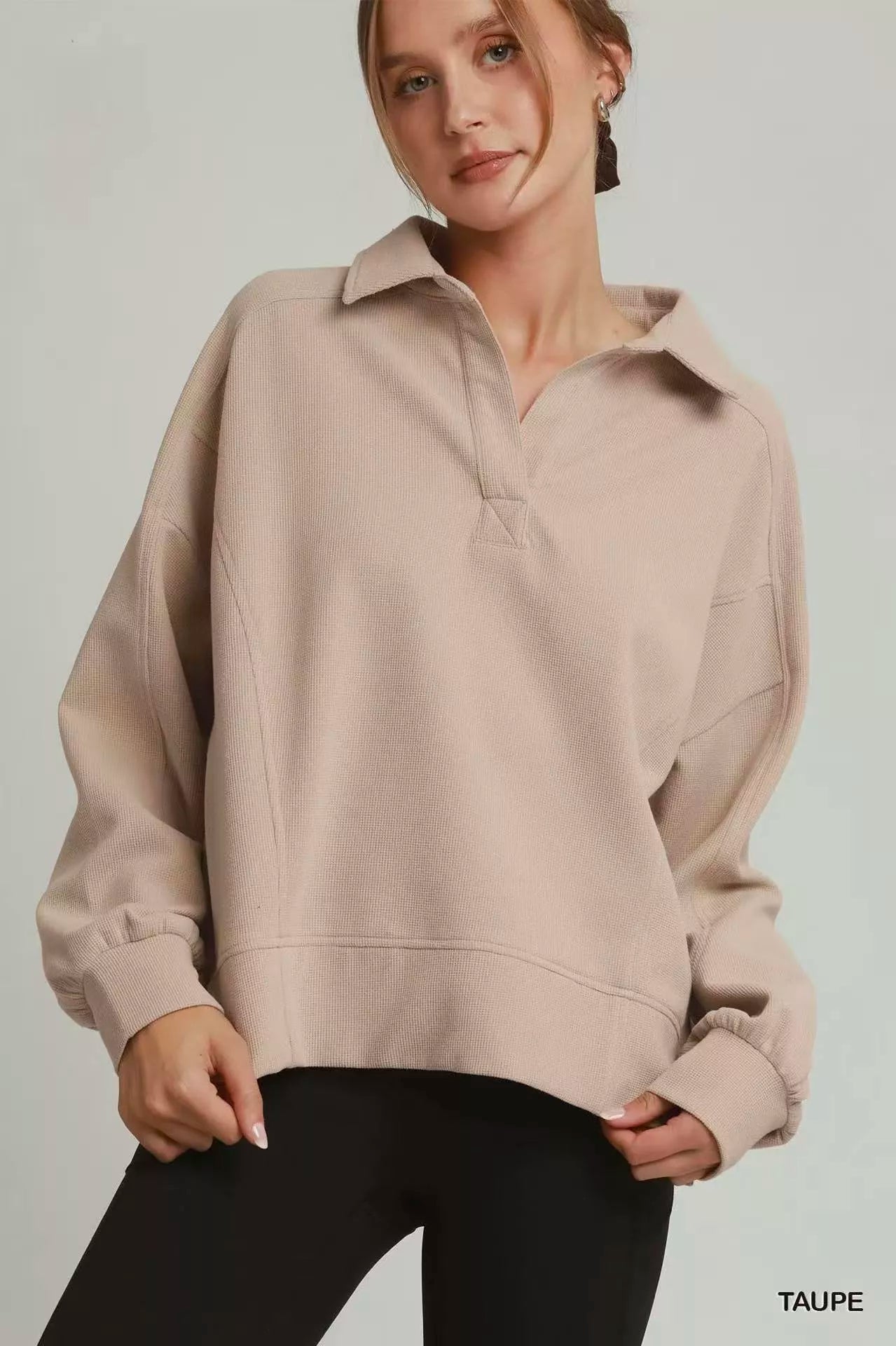 Umgee Brushed Waffle Polo Collared Pullover - Glamourous Grace