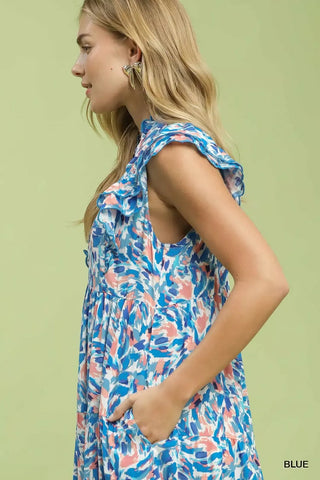 Umgee Leaf Print Midi Tiered Dress with Side Pockets - Glamourous Grace