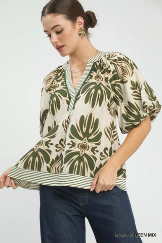Umgee Mix Printed Puff Sleeve Top with Contrast Trim - Glamourous Grace