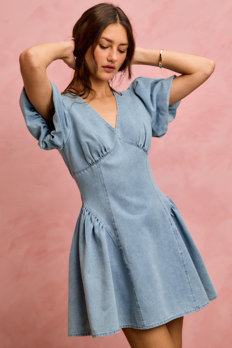 SO ME Bubble Sleeves Denim Fit And Flare Mini Dress - Glamourous Grace